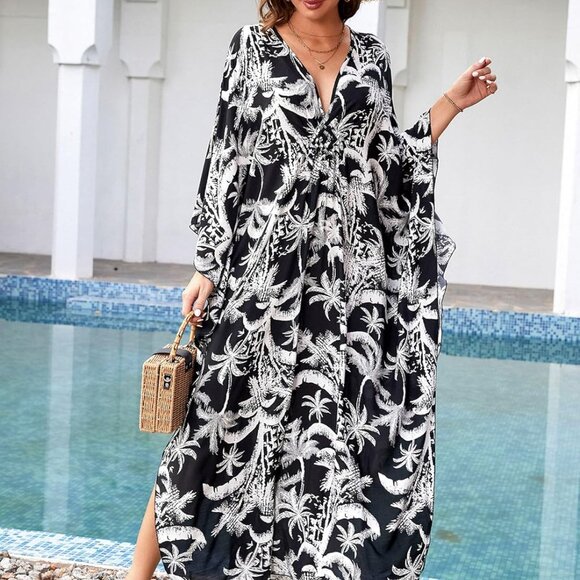 Plus Size Viscose Kaftan Dress Beach Cover Up V-Neck Batwing Sleeves - Picture 7 of 7